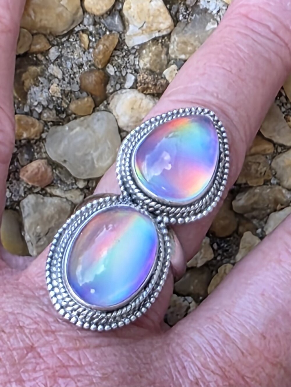 Double Aurora Opal Gemstone Ring In 925 Sterling Silver (Adjustable)